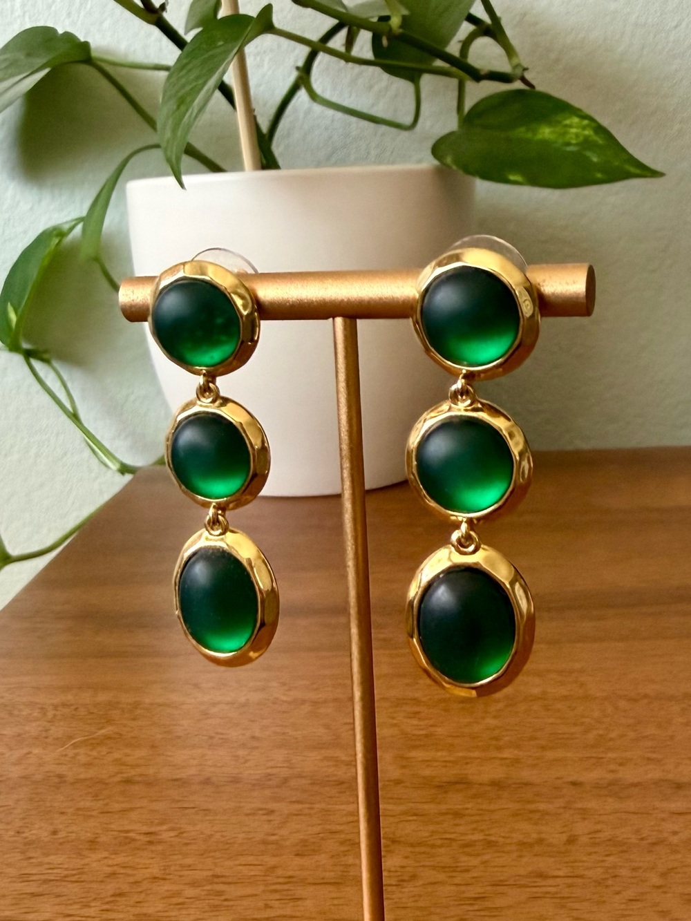 J.Crew Emerald Green Triple Matte Glass Cabochon Dangle Drop Earrings Goldtone